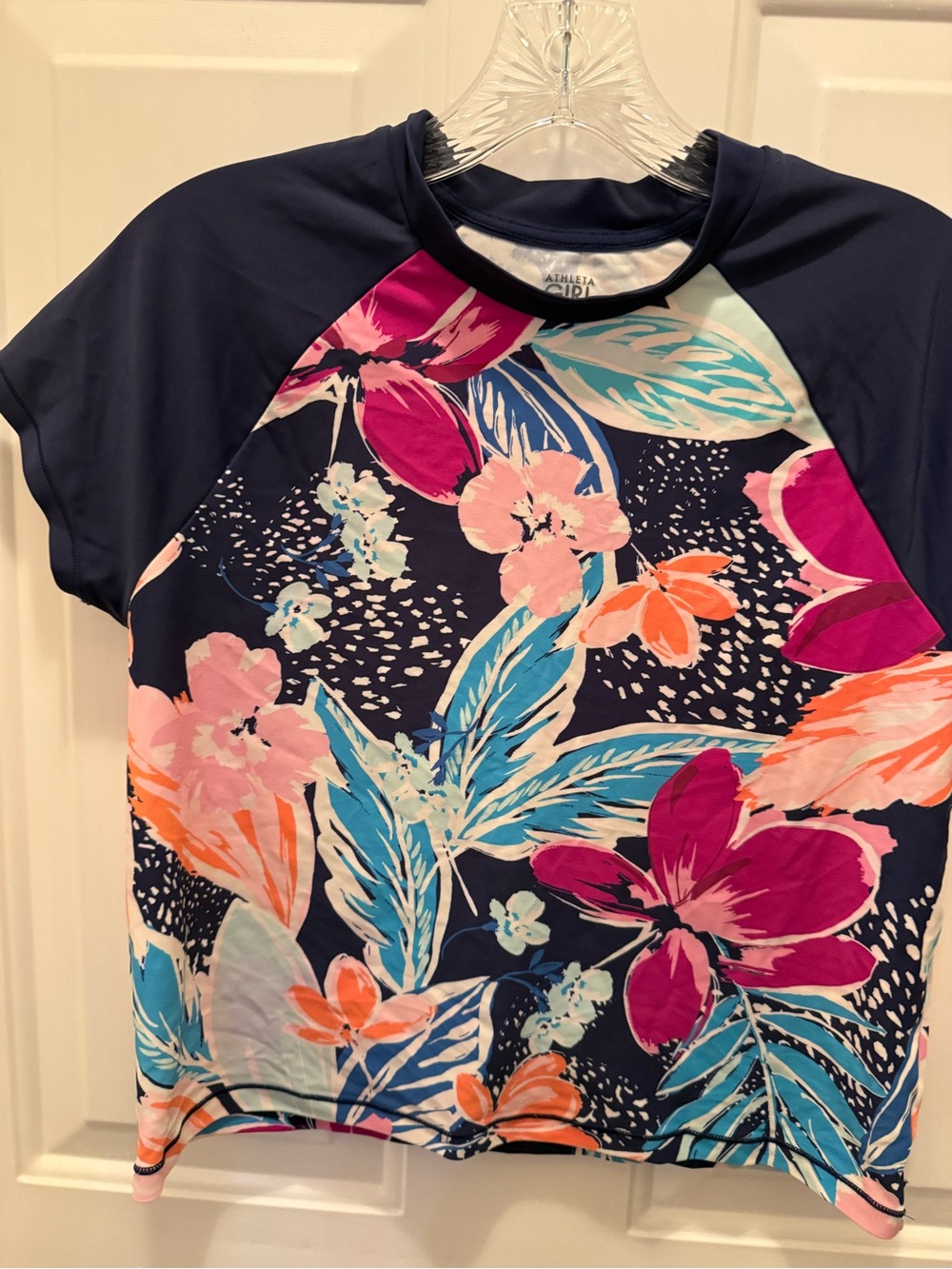 Athleta youth girls Rash Guard Top in Navy with Pink & Teal Floral Print XXL